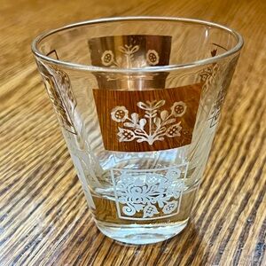 Vintage MCM Glass Tumbler 24k Gold White Geometric Design Etching 3”